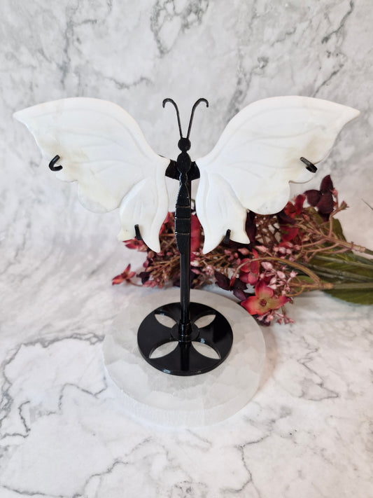 White Jade Butterfly Wings on a Black Stand