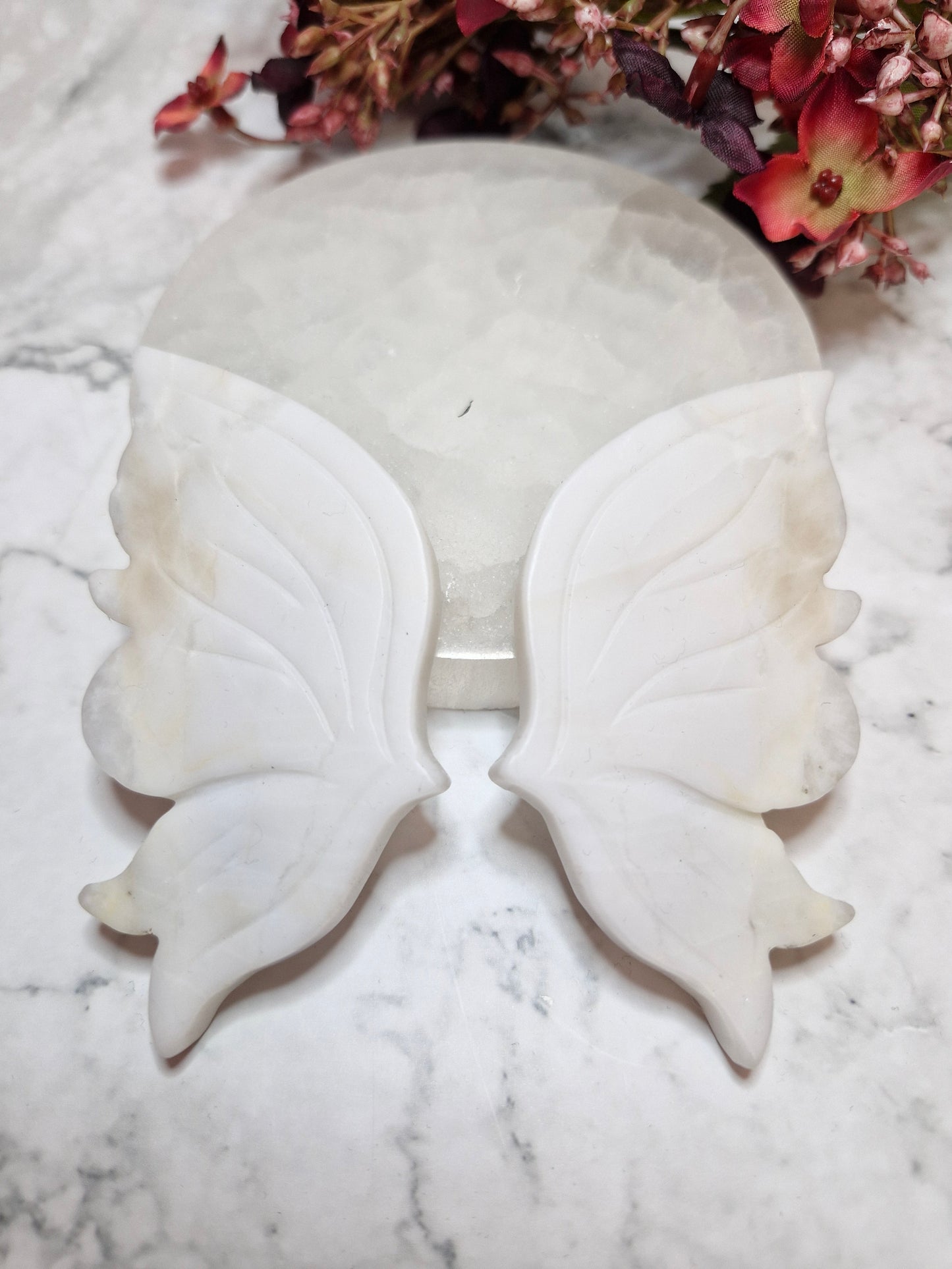 White Jade Butterfly Wings on a Black Stand