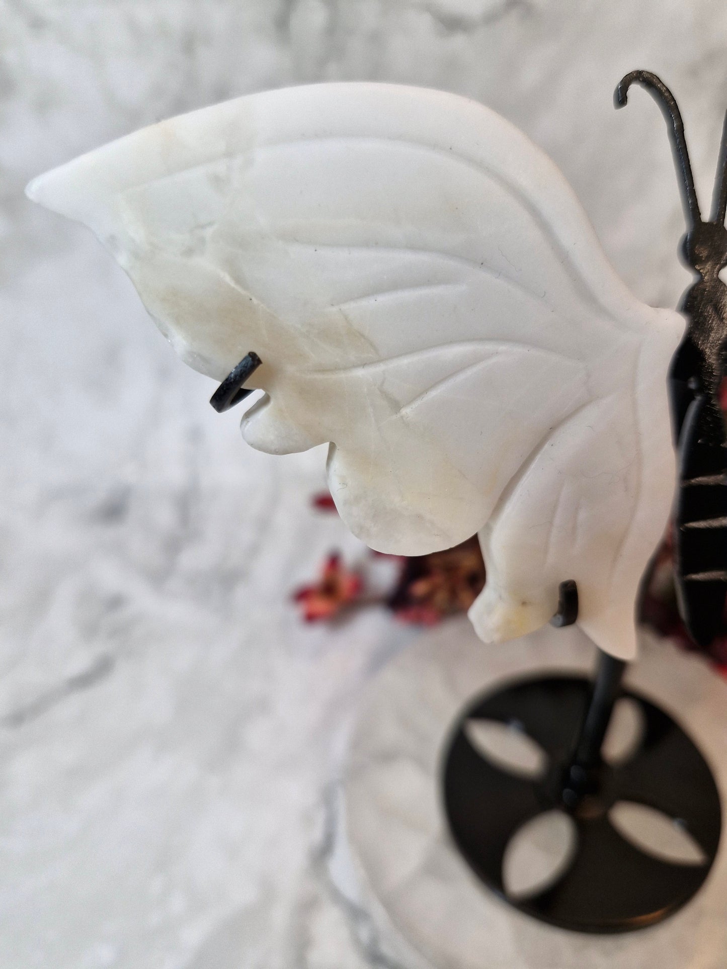 White Jade Butterfly Wings on a Black Stand