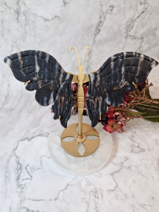 Zebra Calcite Butterfly Wings on a Gold Silhouette Stand