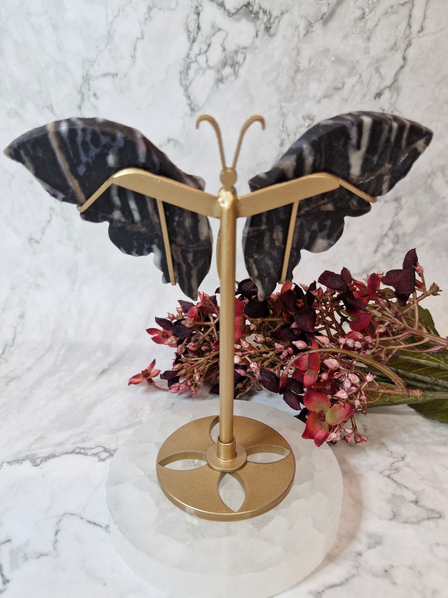 Zebra Calcite Butterfly Wings on a Gold Silhouette Stand