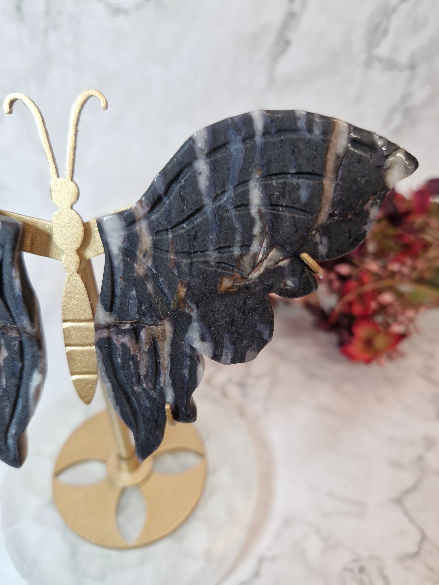 Zebra Calcite Butterfly Wings on a Gold Silhouette Stand