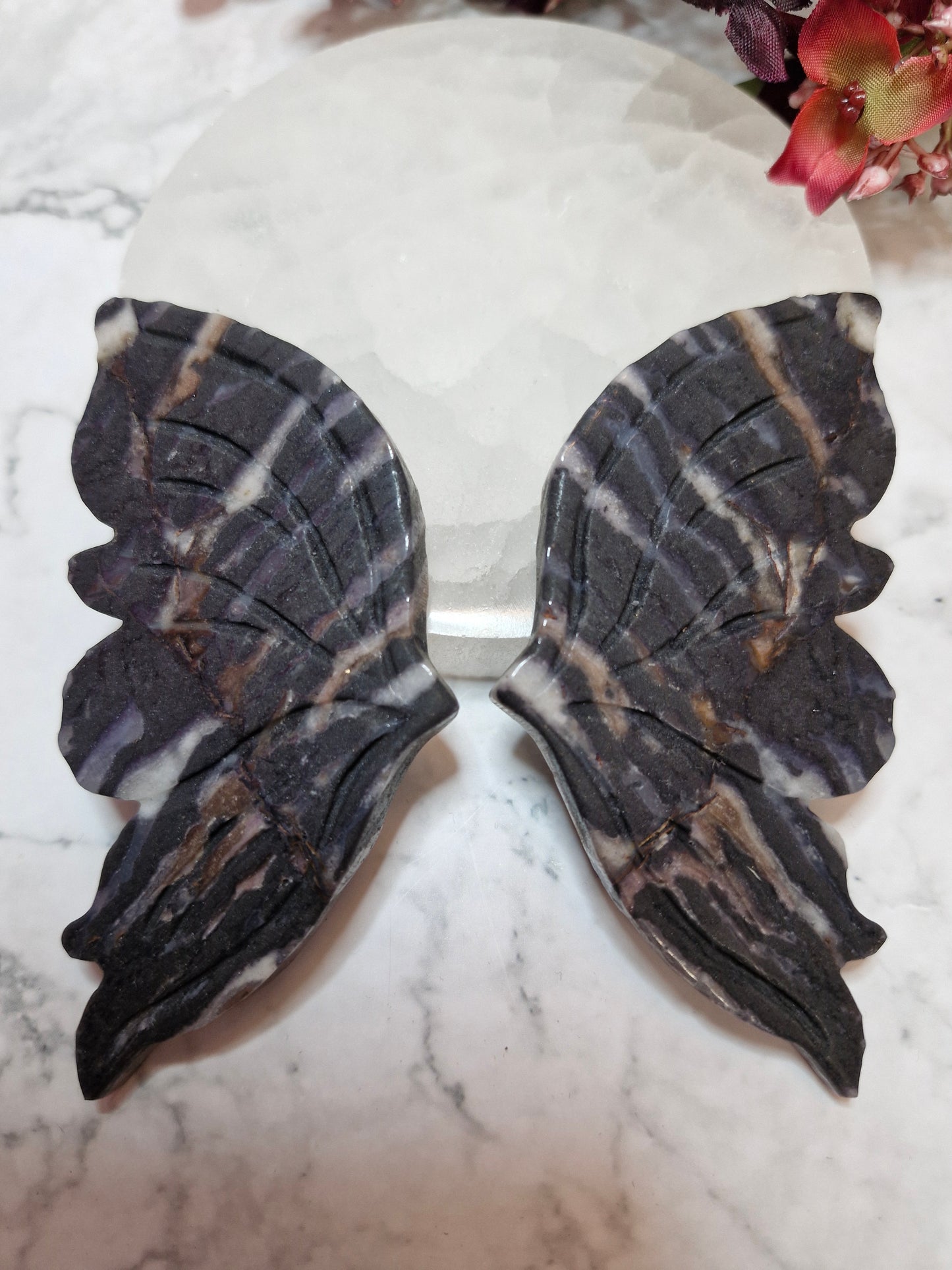 Zebra Calcite Butterfly Wings on a Gold Silhouette Stand