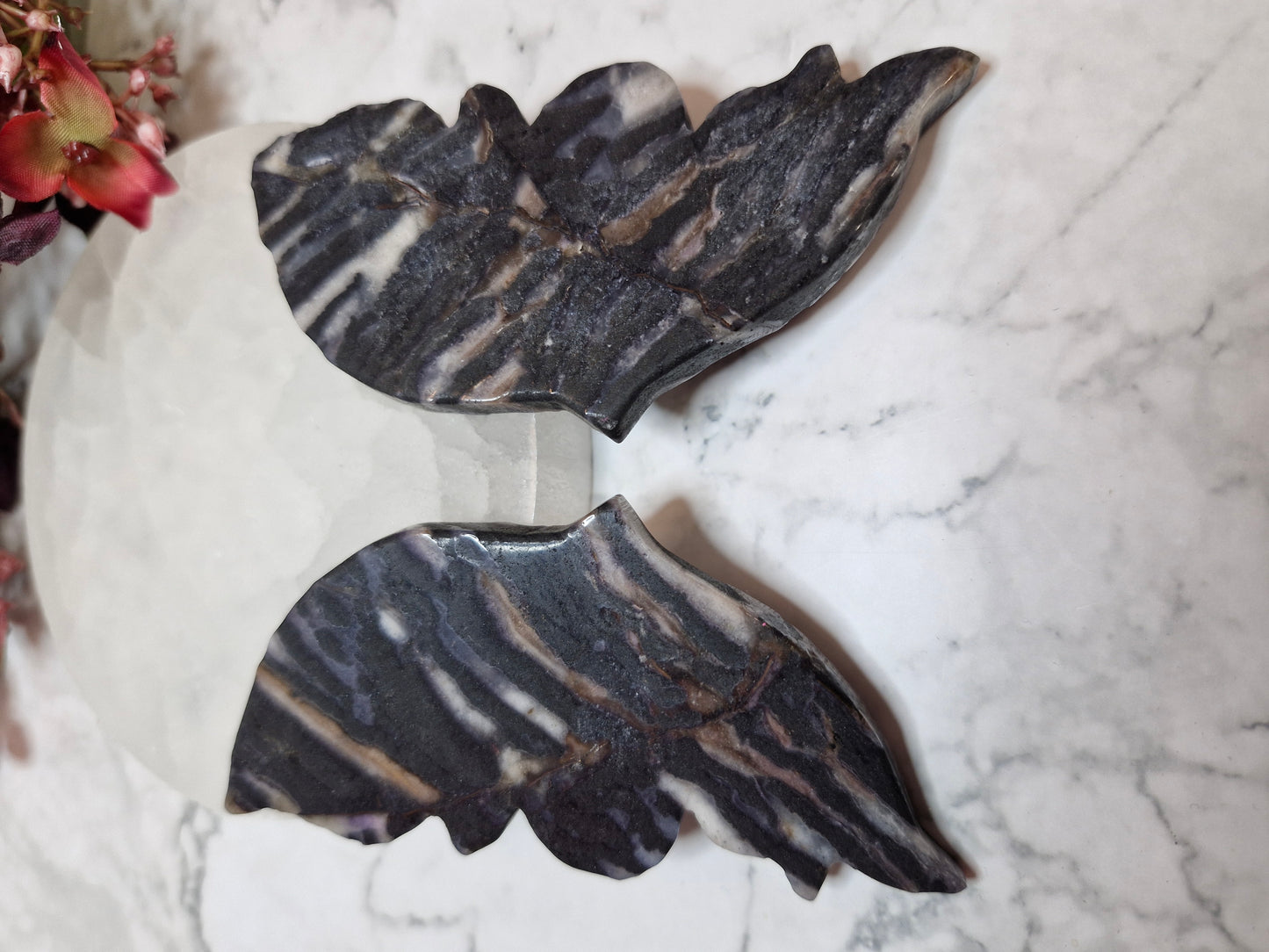 Zebra Calcite Butterfly Wings on a Gold Silhouette Stand