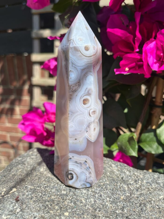 Pink Jelly Agate Tower with Dendritic Inclusions and Small Druzy Pocket - Image 2