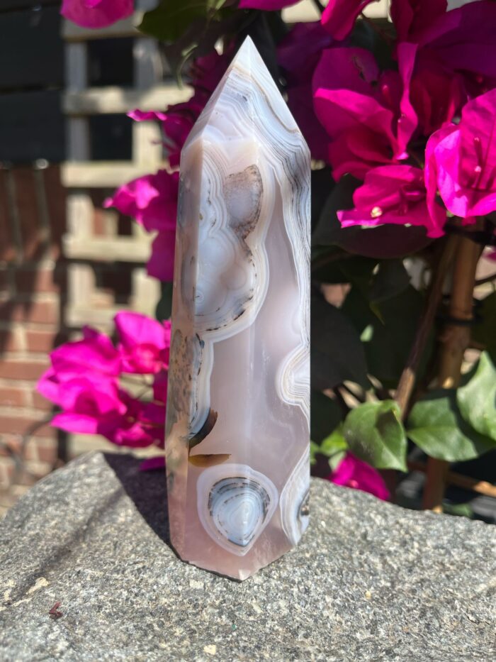 Pink Jelly Agate Tower with Dendritic Inclusions and Small Druzy Pocket - Image 3