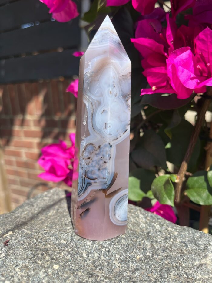 Pink Jelly Agate Tower with Dendritic Inclusions and Small Druzy Pocket