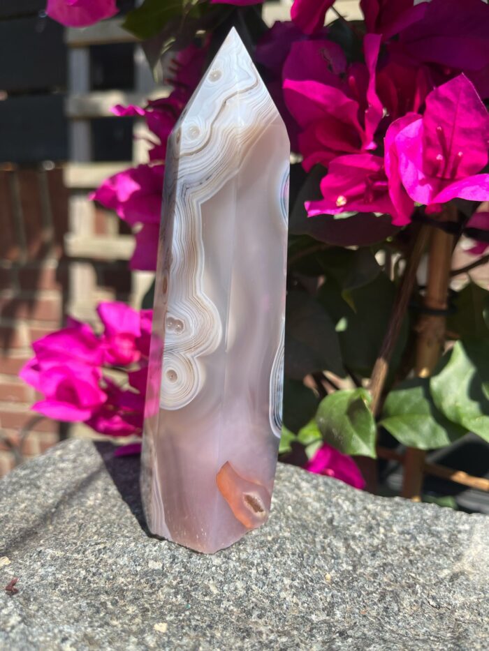 Pink Jelly Agate Tower with Dendritic Inclusions and Small Druzy Pocket - Image 4