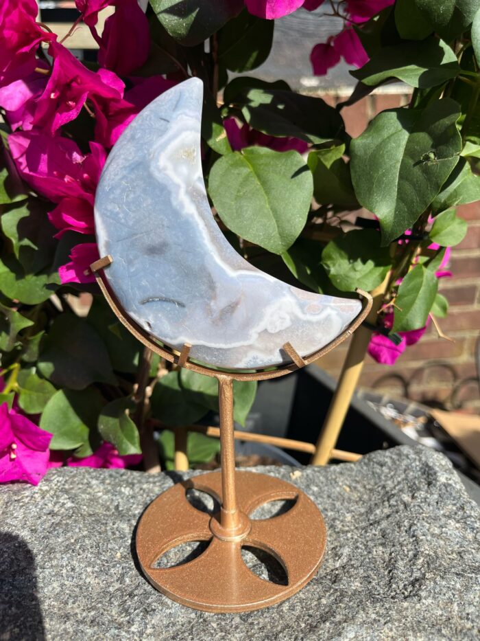 Blue Flower Agate Moon on Stand - Image 3