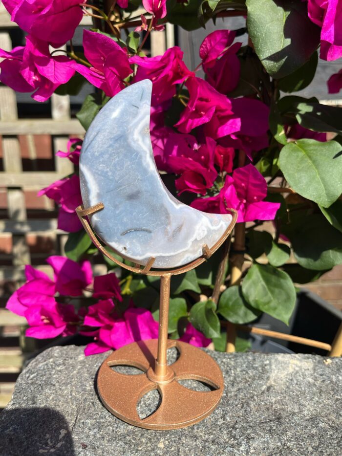 Blue Flower Agate Moon on Stand - Image 2