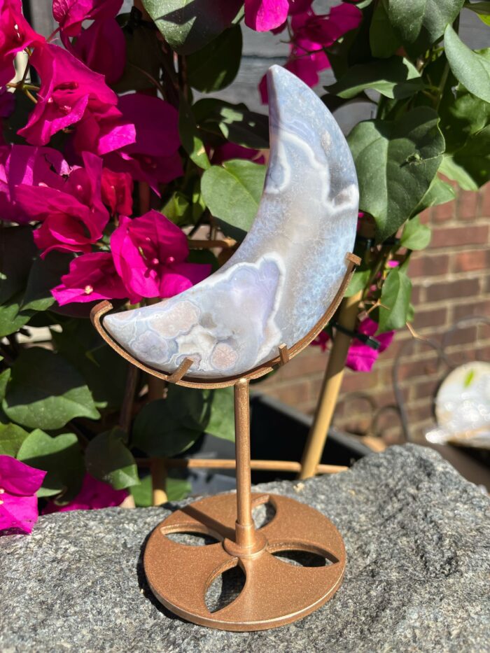 Blue Flower Agate Moon on Stand